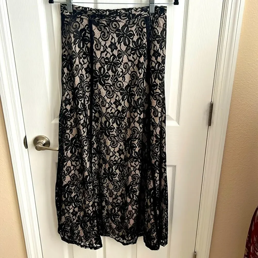 Established 1962 Lace‎ Overlay Midi Skirt Elegant Party Black Beige - Size Small